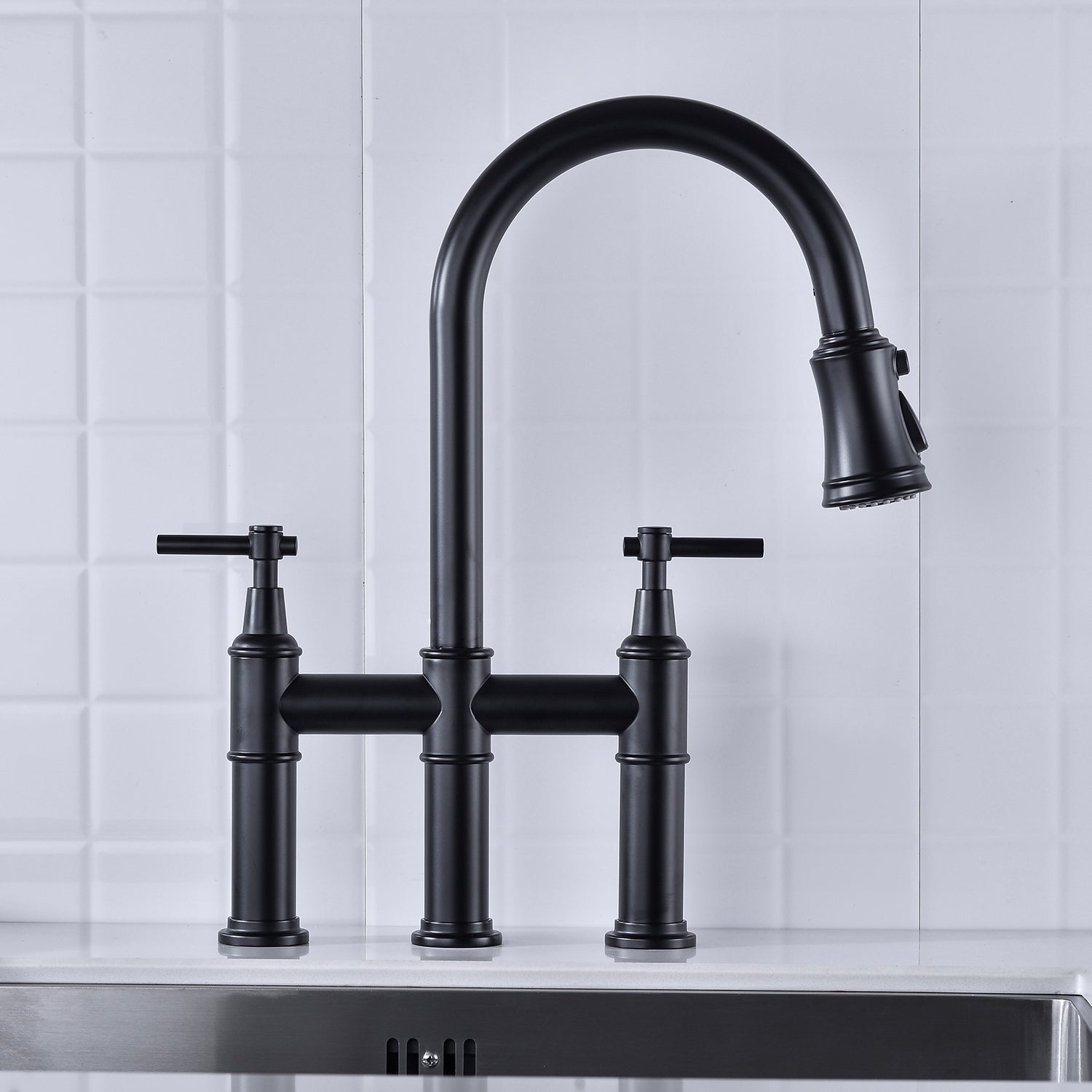 Bridge Kitchen Faucet with Pull-Down Sprayhead in Spot