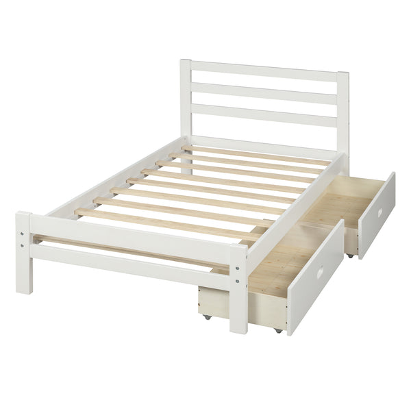 Wood platform twin bed with two drawers (white)