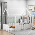 Twin Size Wood Bed with Fence, White