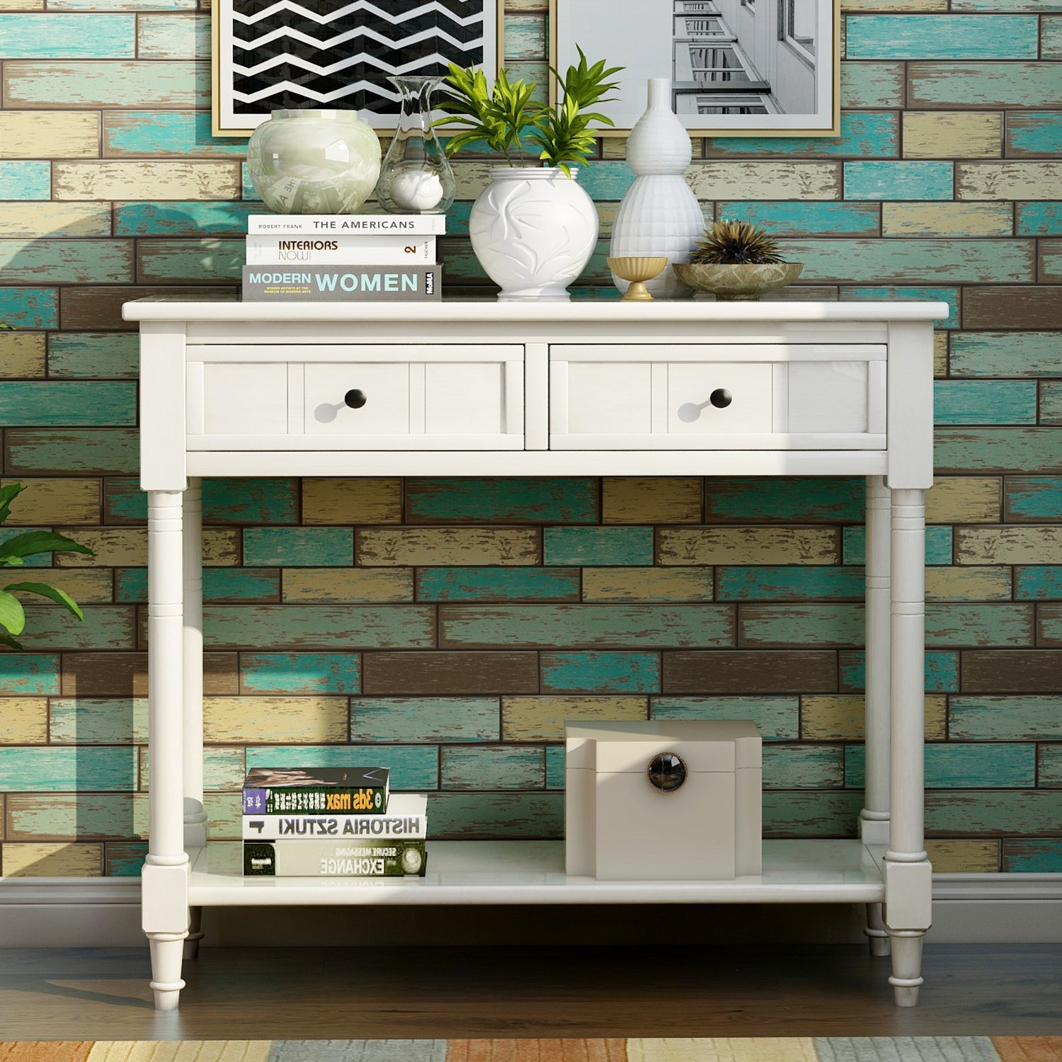 TREXM Daisy Series Console Table Traditional Design with Two Drawers and Bottom Shelf (Ivory White)