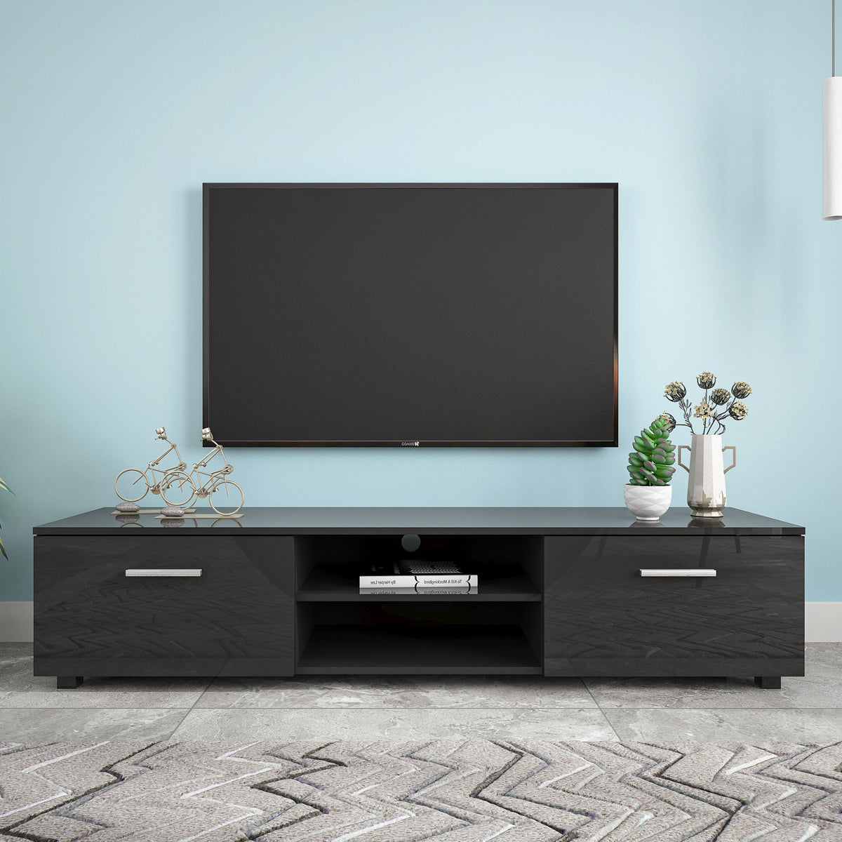 Black TV Stand for 70 Inch TV Stands, Media Console Entertainment Center Television Table, 2 Storage Cabinet with Open Shelves for Living Room Bedroom