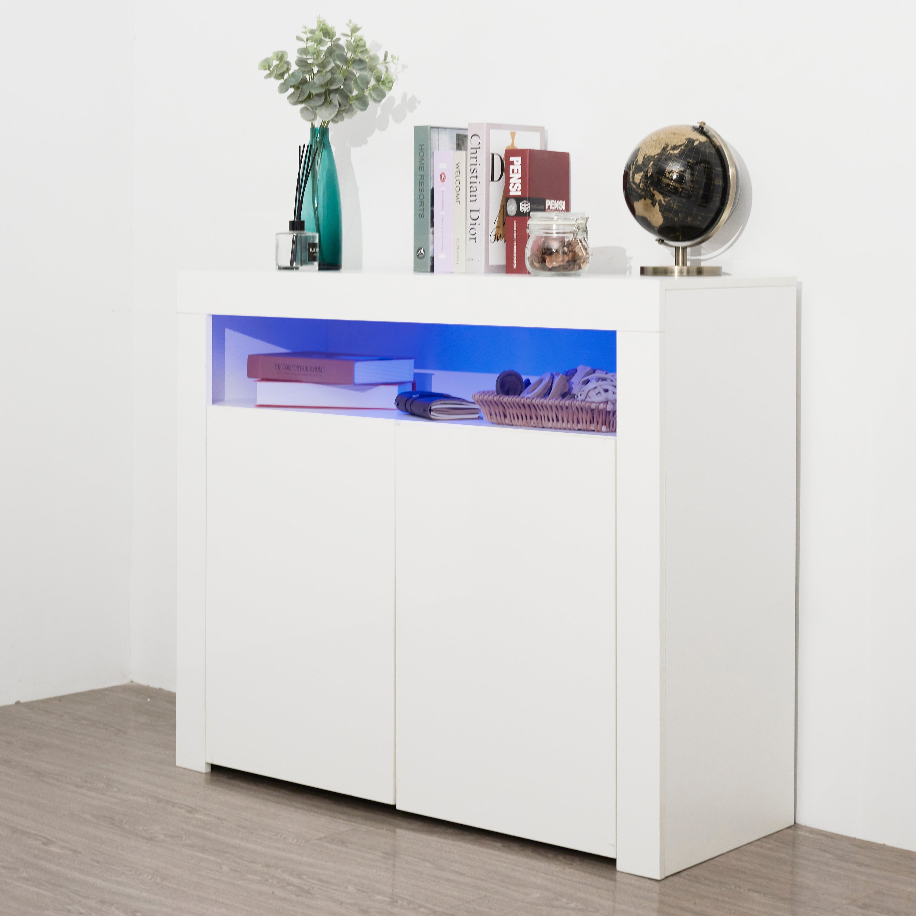 Living Room Sideboard Storage Cabinet White High Gloss with LED Light, Modern Kitchen Unit Cupboard Buffet Wooden Storage Display Cabinet TV Stand with 2 Doors for Hallway Dining Room