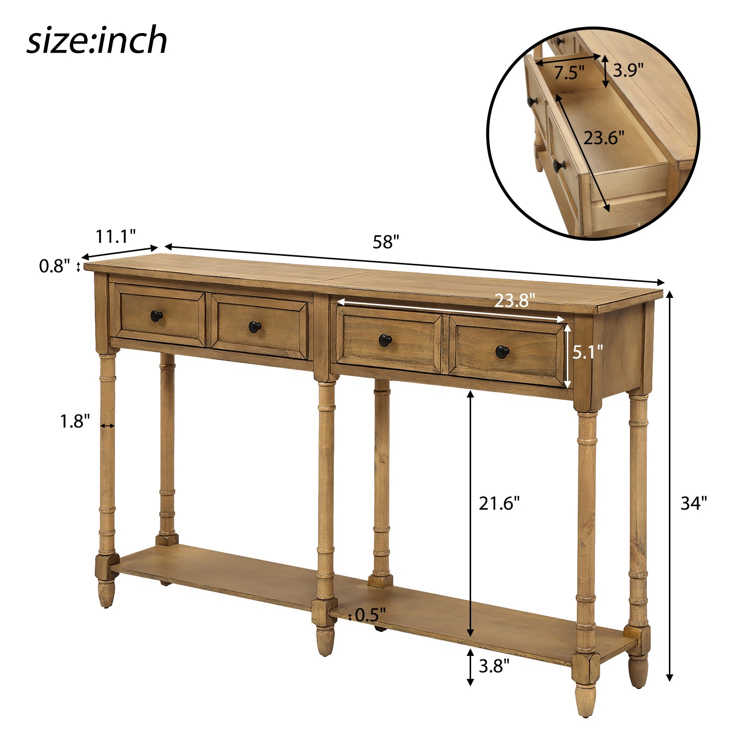 TREXM Console Table Sofa Table Easy Assembly with Two Storage Drawers and Bottom Shelf for Living Room, Entryway (Old Pine)