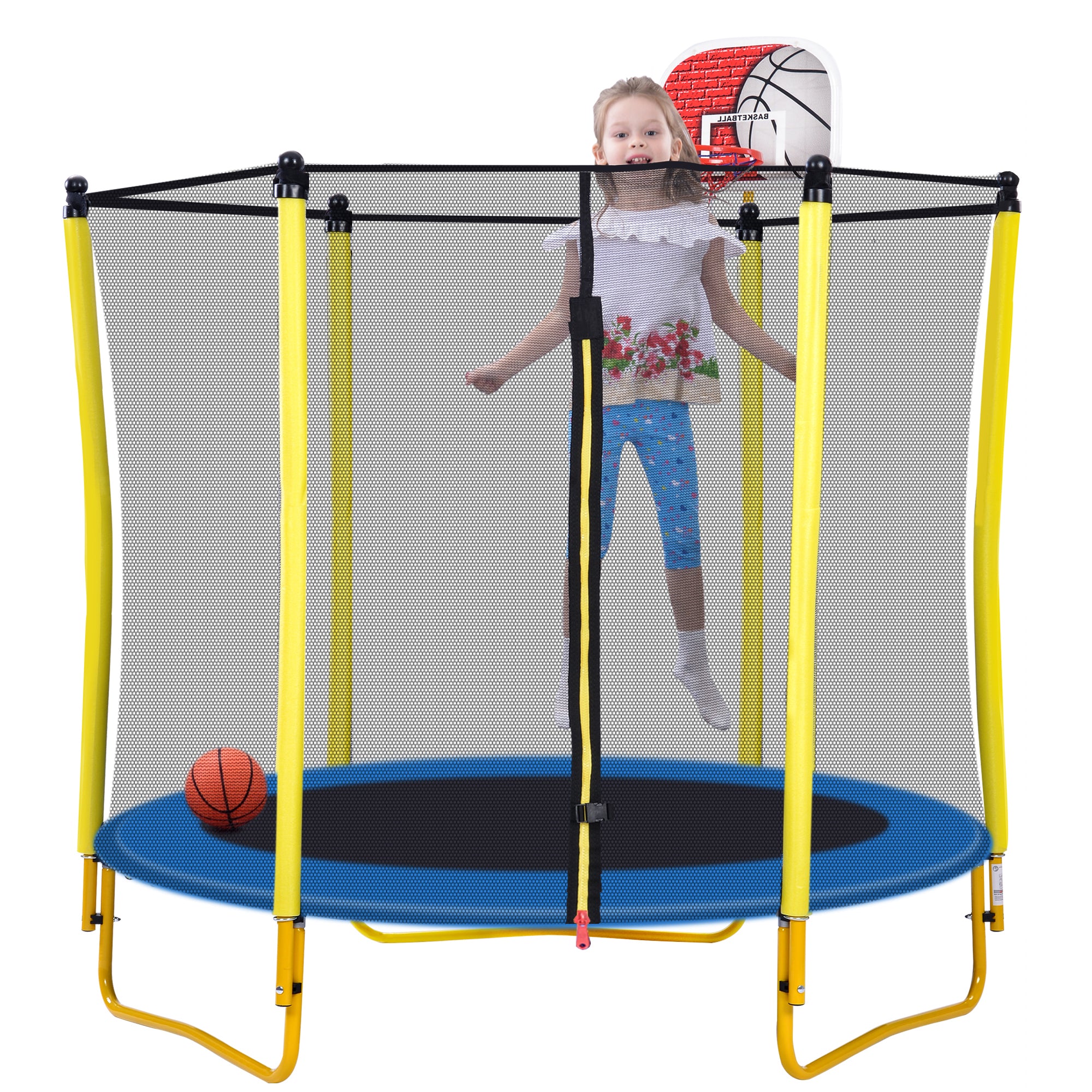 Mini Outdoor Trampoline with Basketball Hoop 5.5FT // Yellow