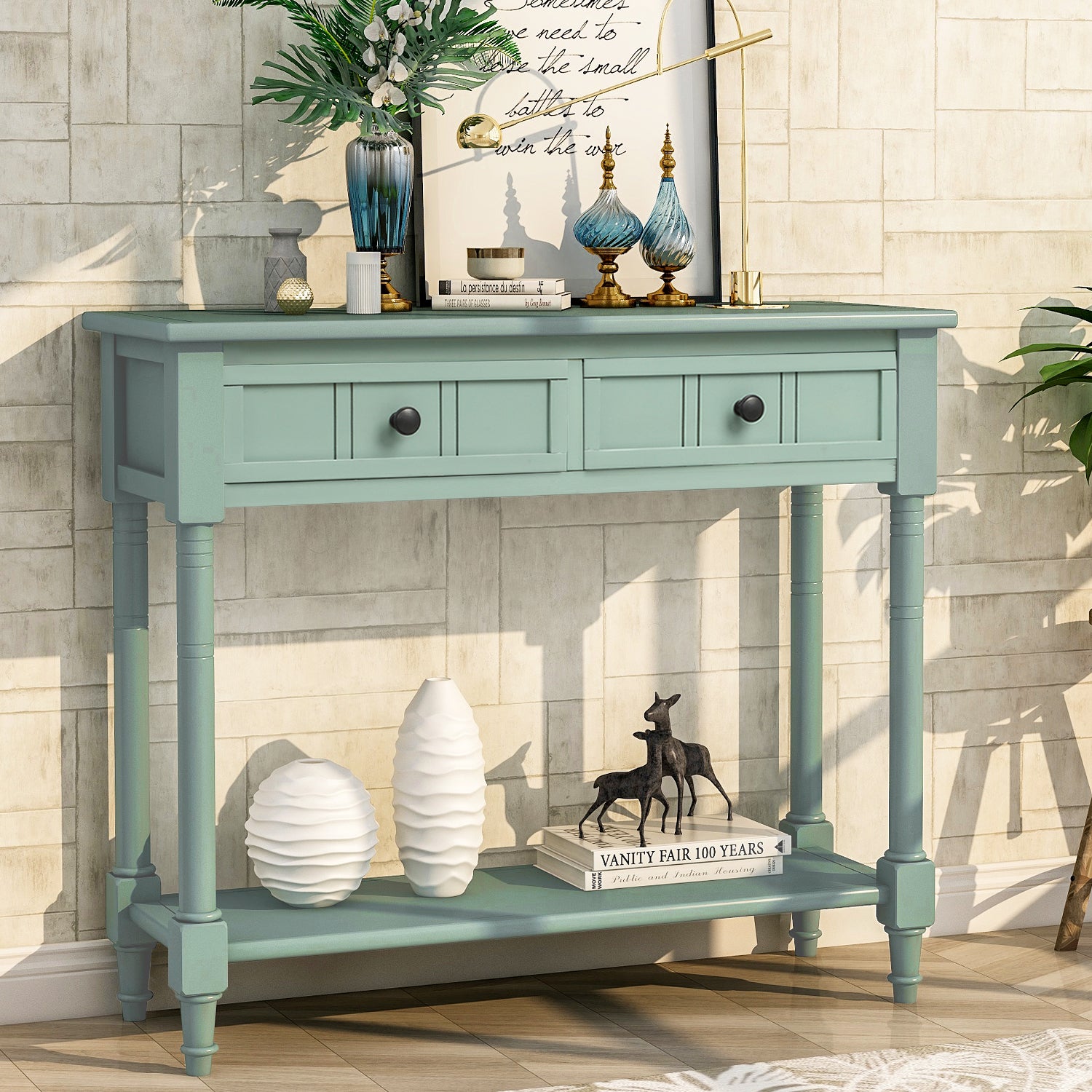 TREXM Daisy Series Console Table Traditional Design with Two Drawers and Bottom Shelf Acacia Mangium (Retro blue)