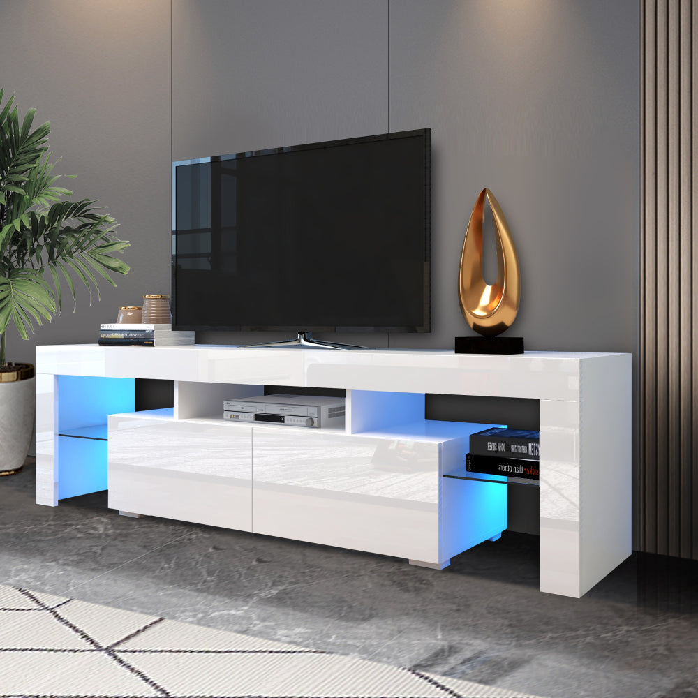 Modern White TV Stand, 20 Colors LED TV Stand w/Remote Control Lights