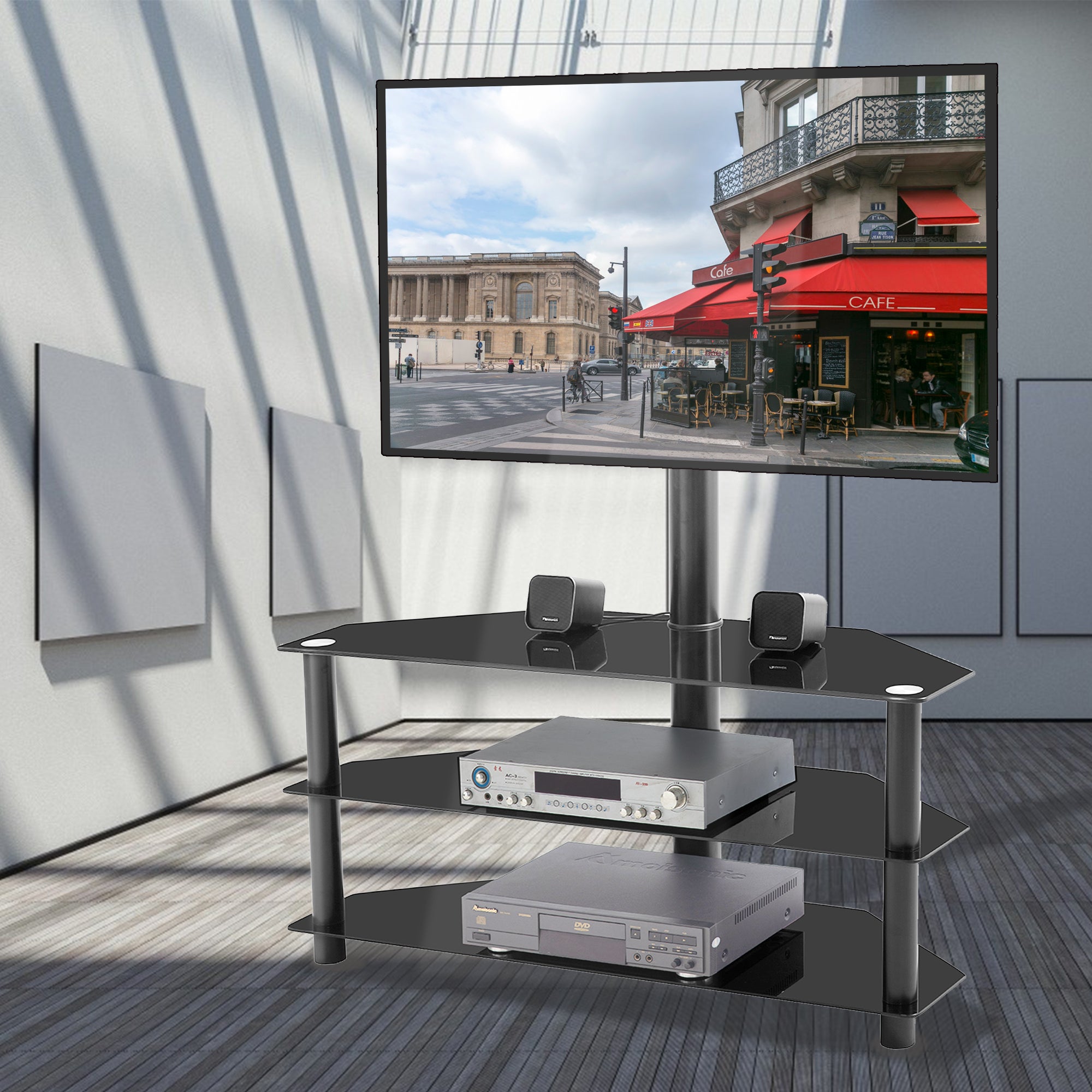 Black Multi-function TV Stand Height Adjustable Bracket Swivel 3-Tier
