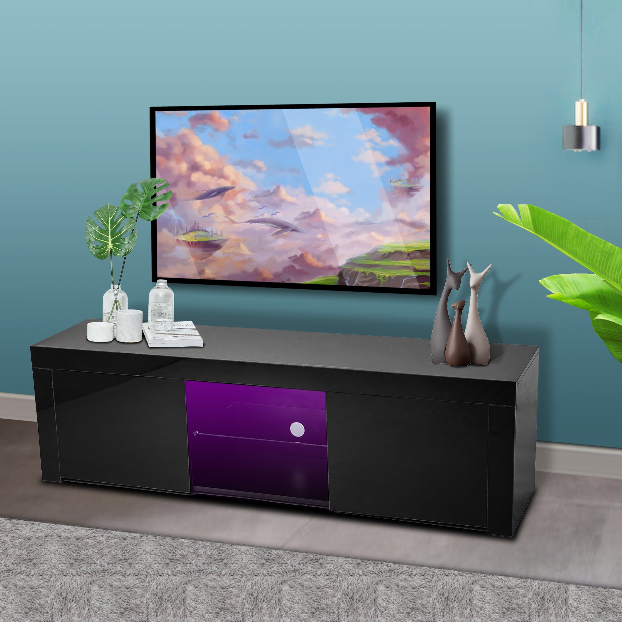 Black morden TV Stand with LED Lights,high glossy front TV Cabinet,can be assembled in Lounge Room, Living Room or Bedroom,color:BLACK
