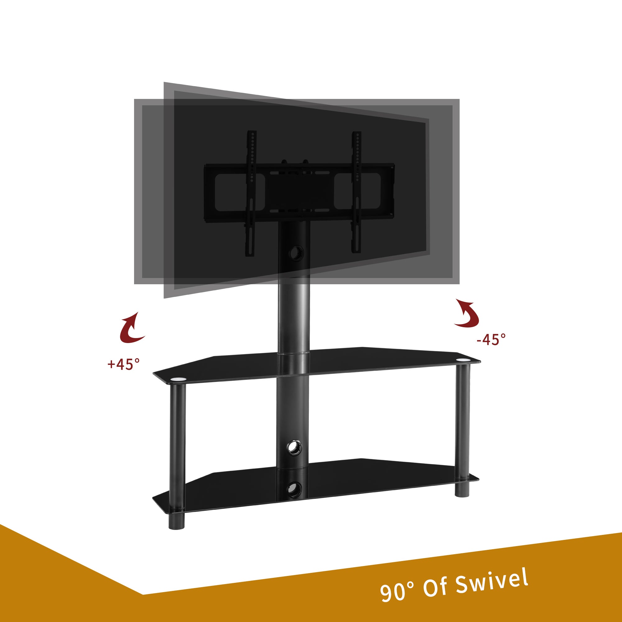 Height And Angle Adjustable Multi-Function Tempered Glass Metal Frame Floor TV Stand, LCD TV Bracket Plasma TV Bracket  2 Tier Tempered Glass Shelves for Multiple Media Devices