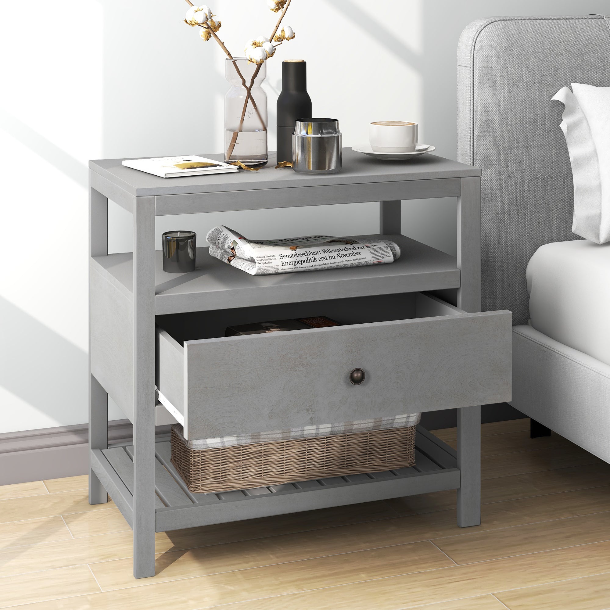 Modern Wooden Nightstand with Drawers Gray