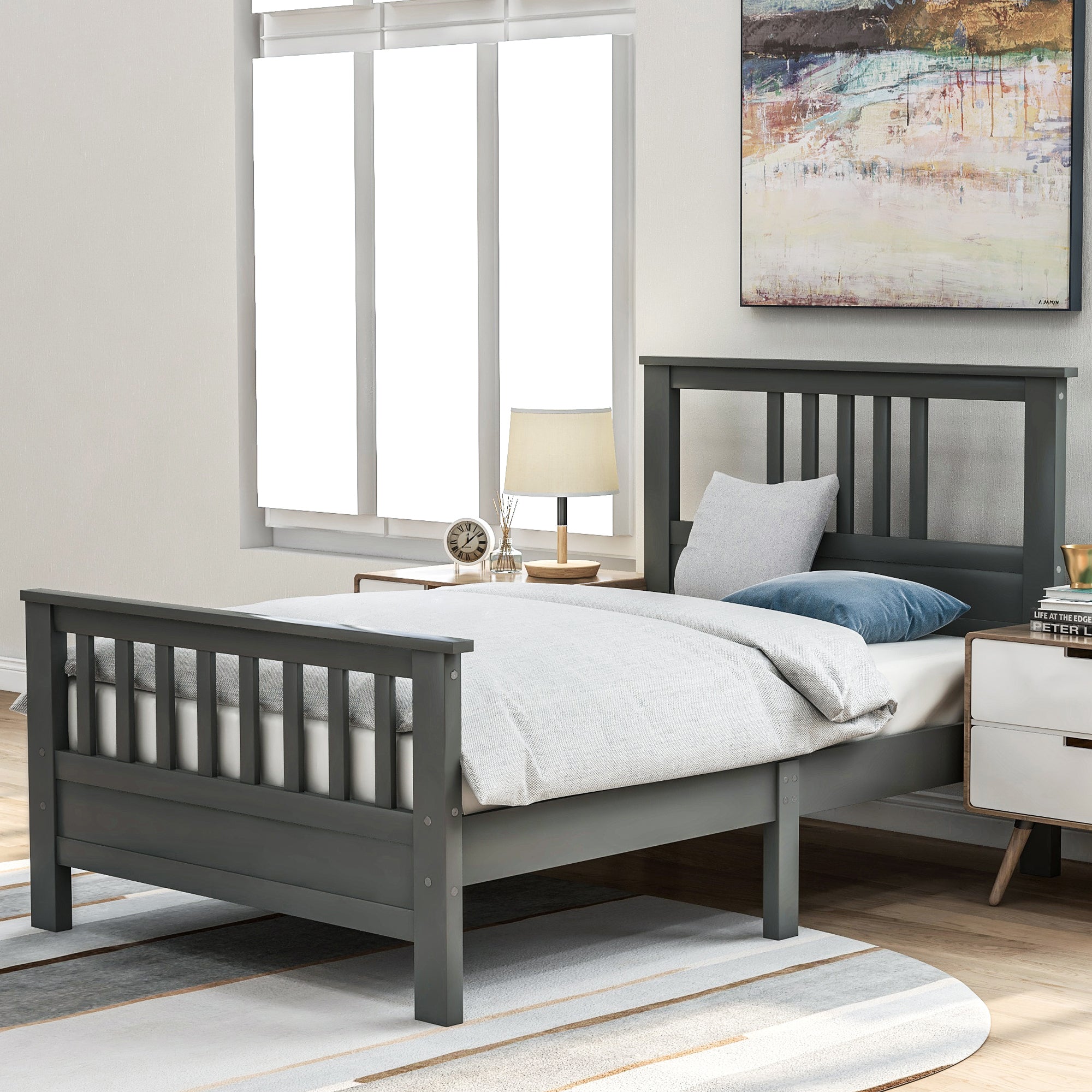 Platform Twin Bed with Headboard and Footboard, Gray