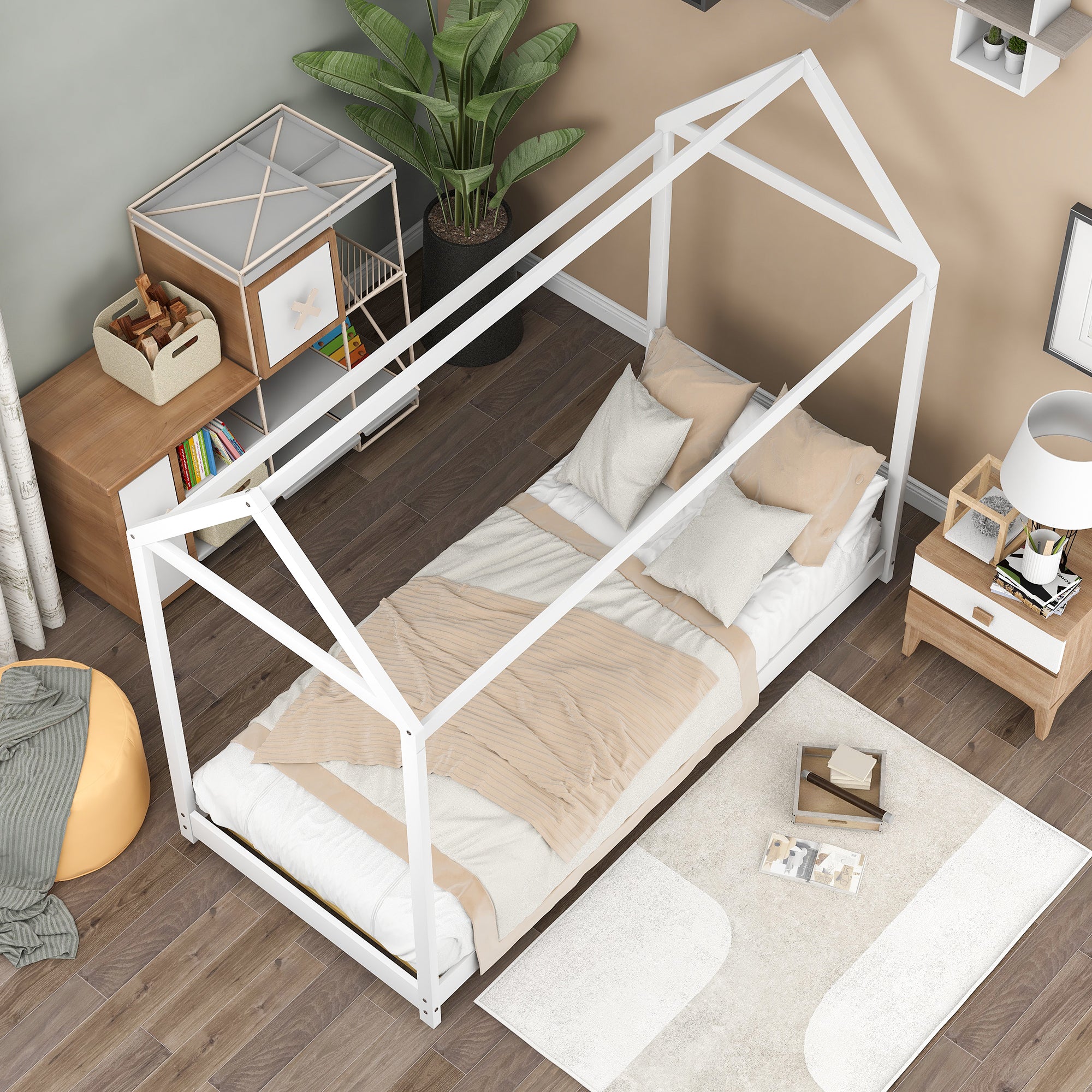 Twin Size Wooden House Bed, White