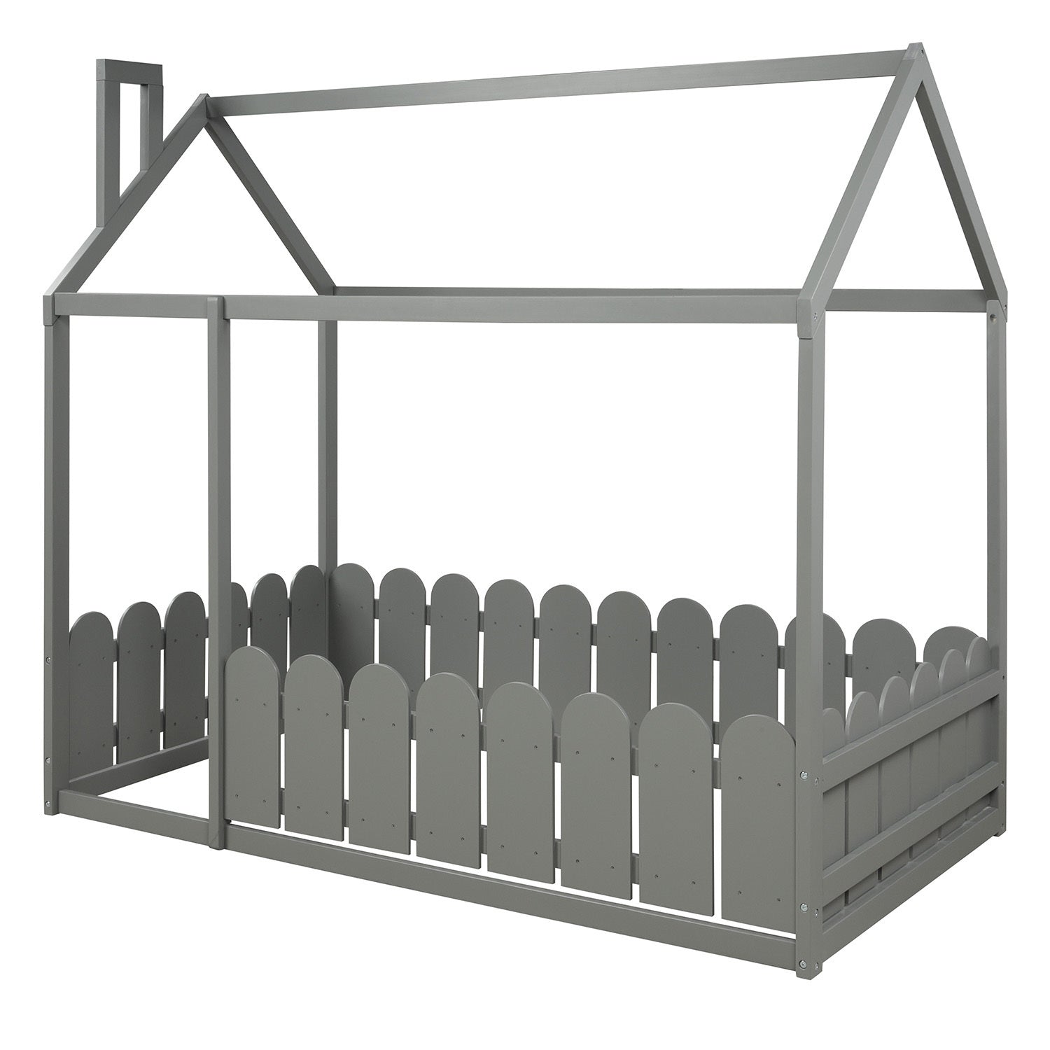 Twin Size Wood Bed with Fence, Gray