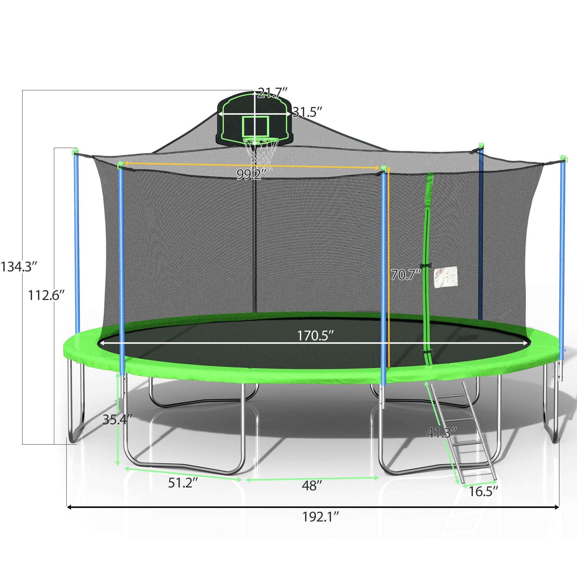 Pro Outdoor Trampoline with Basketball Hoop 16FT, Green