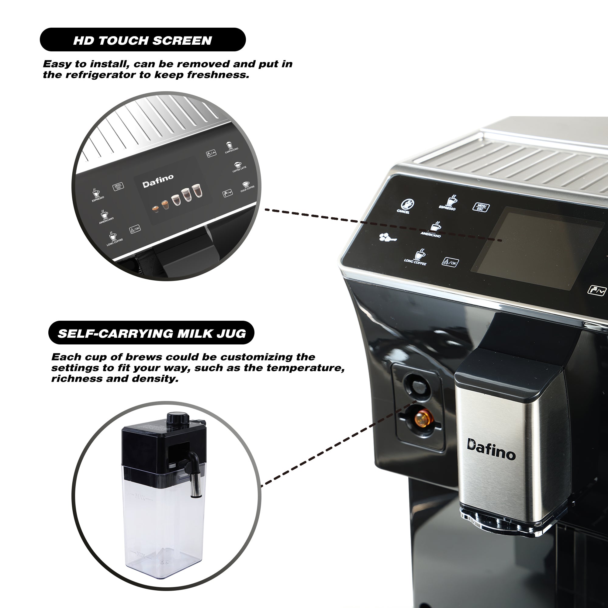 Dafino-202 Fully Automatic Espresso Machine with milk tank, Black