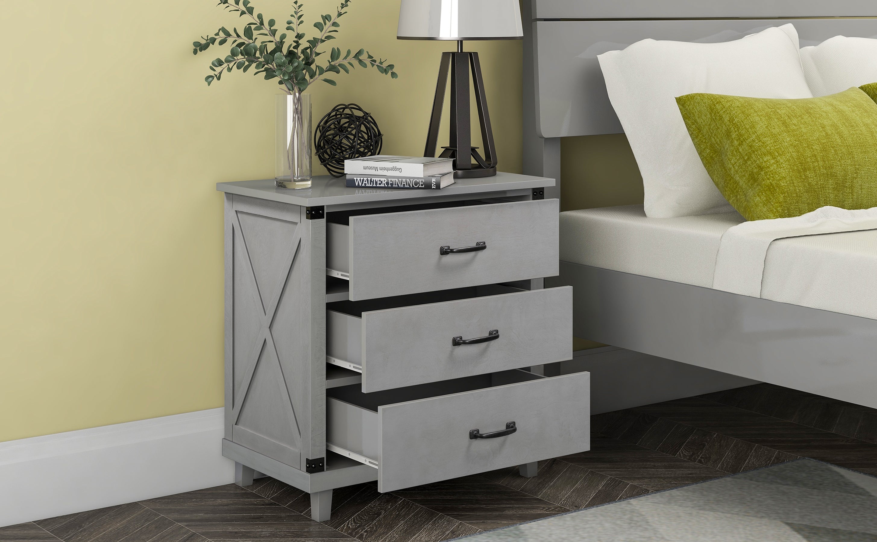 Modern Bedroom Nightstand with 3 Drawers Gray