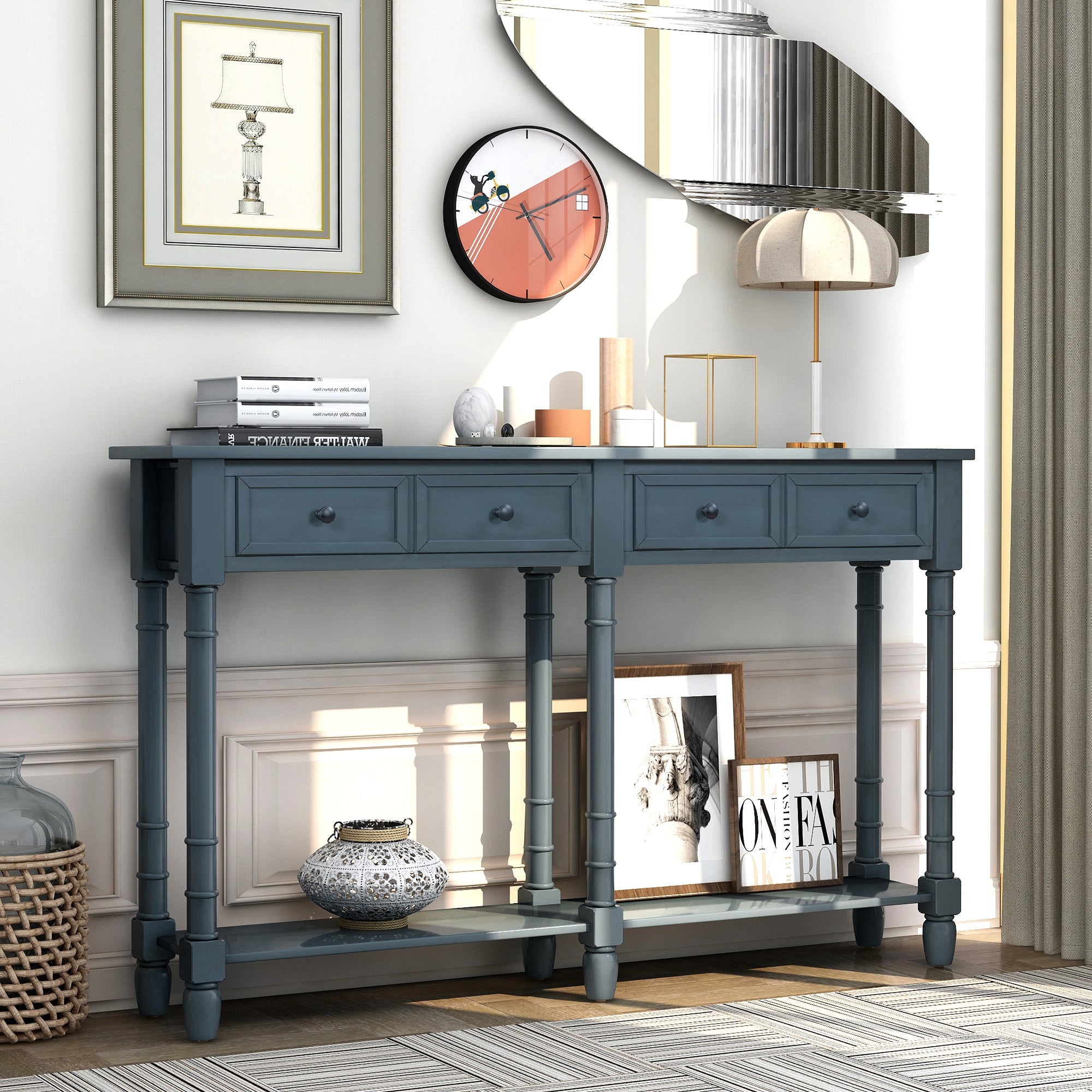 TREXM Console Table Sofa Table Easy Assembly with Two Storage Drawers and Bottom Shelf for Living Room, Entryway (Antique Navy)