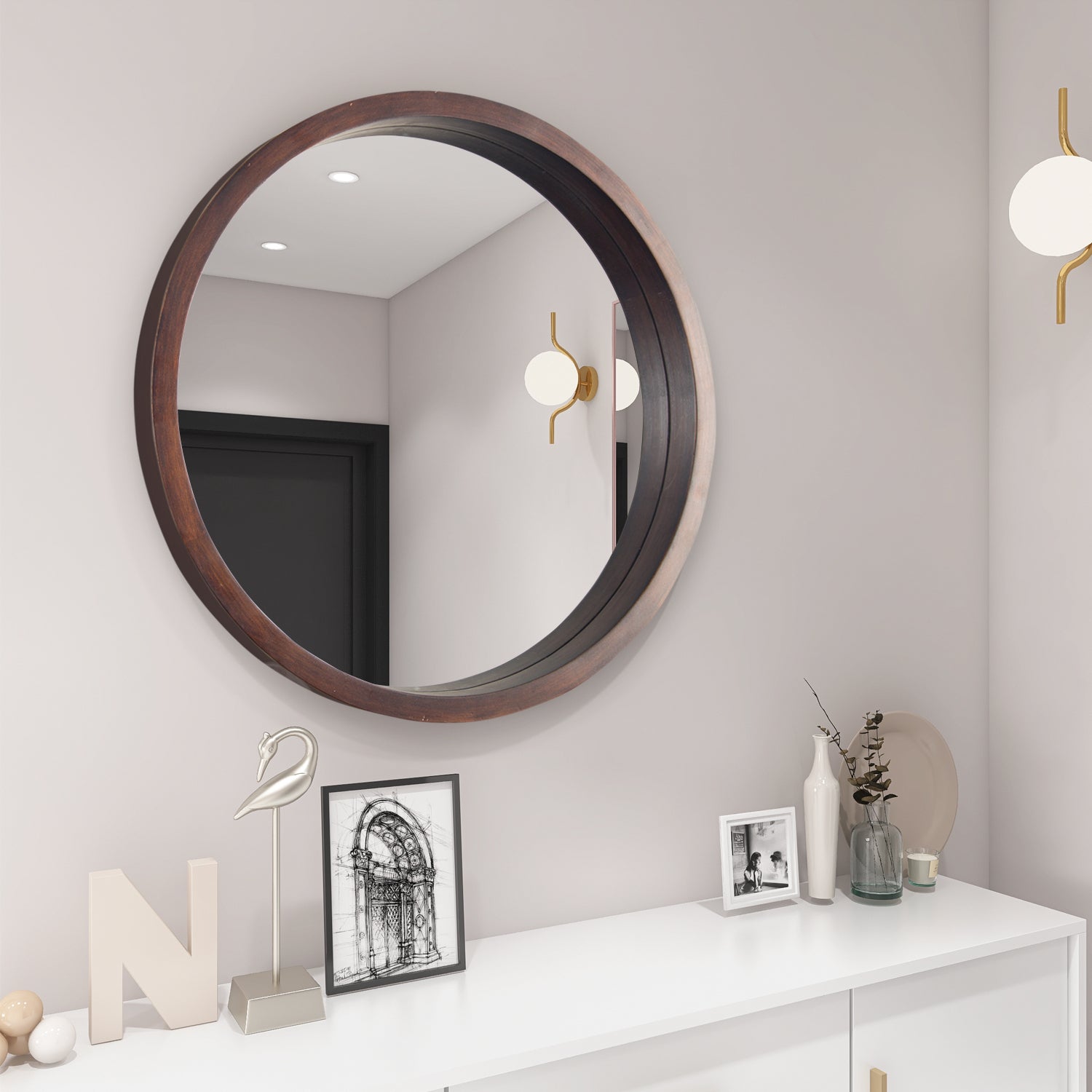 24" Circle Mirror with Wood Frame