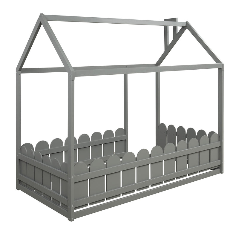 Twin Size Wood Bed with Fence, Gray