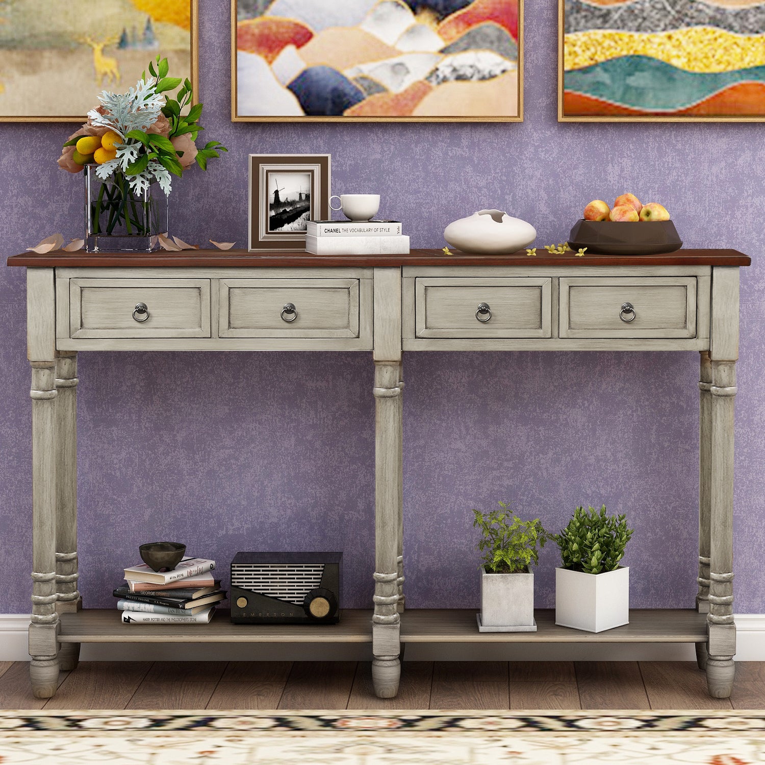 TREXM Console Table Sofa Table with Storage for Entryway with Drawers and Shelf (Antique Grey)