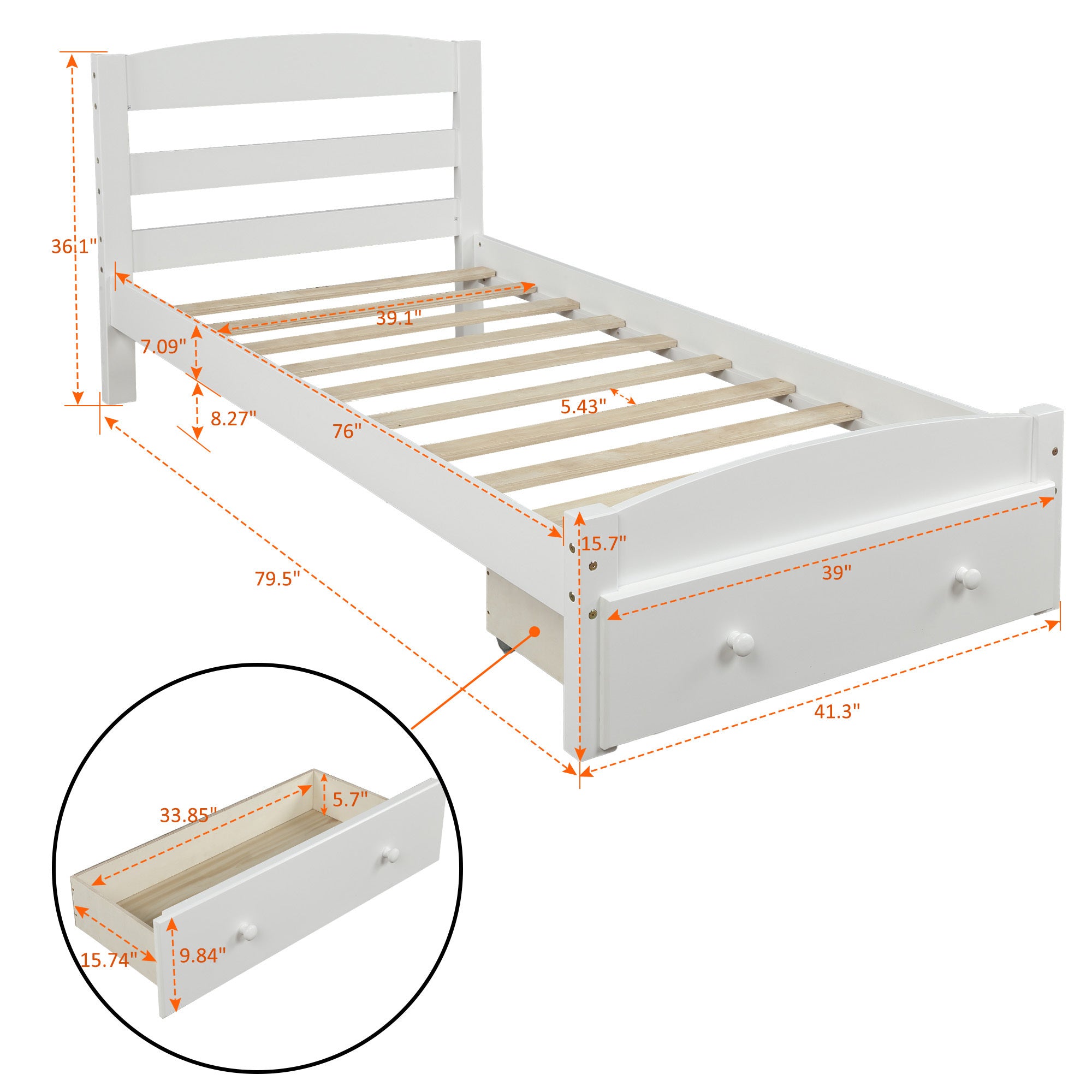 Platform Twin Bed Frame with Storage Drawer White