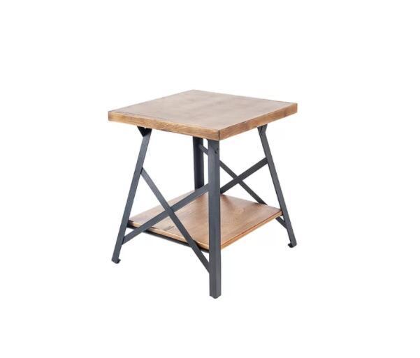 U_STYLE Industrial End Table with Solid Wood Top, Metal Base