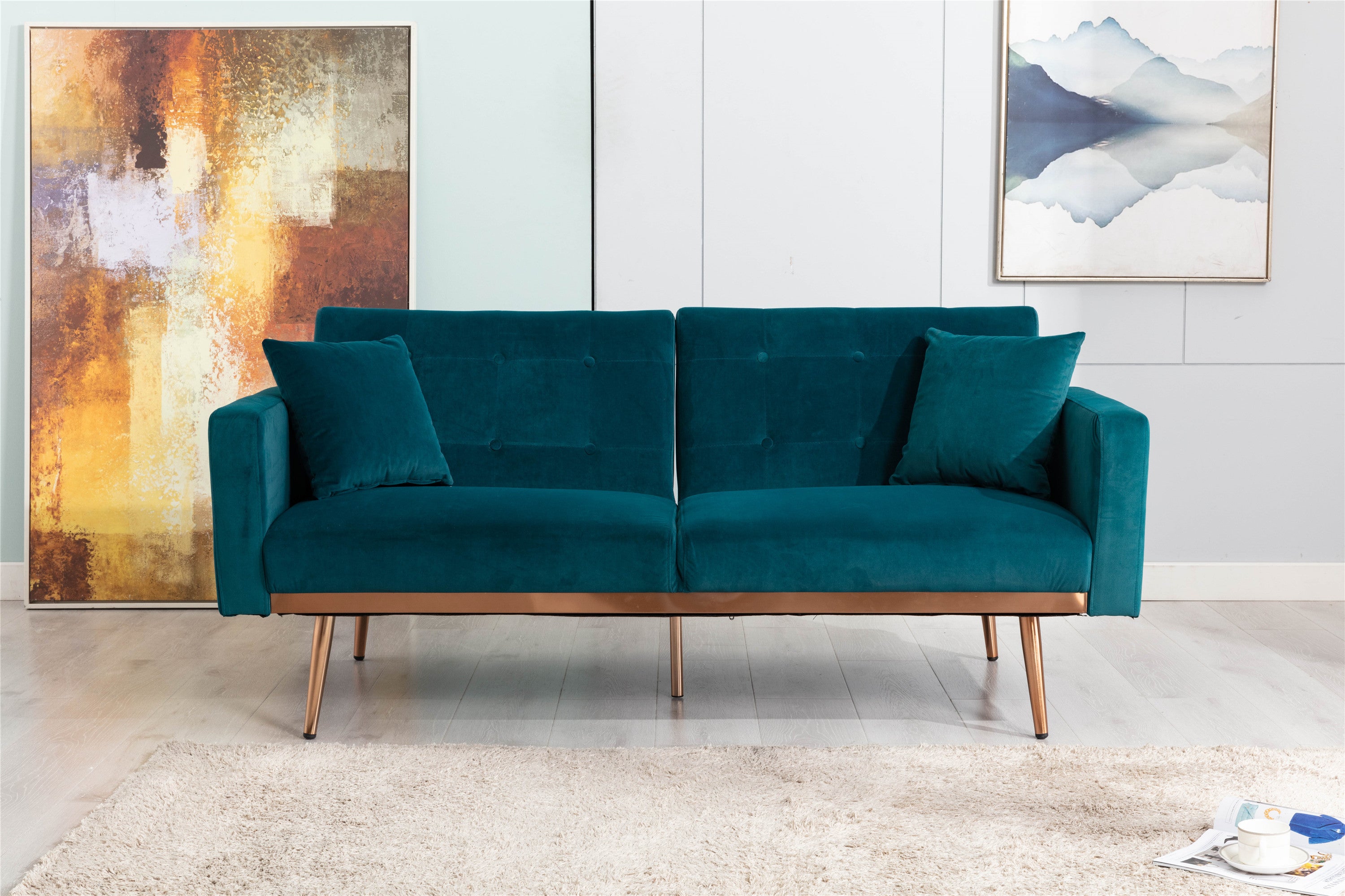 Teal  Velvet Loveseat Sofa With Rose Gold Metal Feet