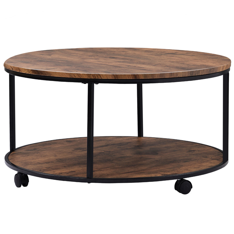 ON-TREND Round Coffee Table with Caster Wheels and Wood Textured Surface for Living Room, φ35.5”( Distressed Brown)