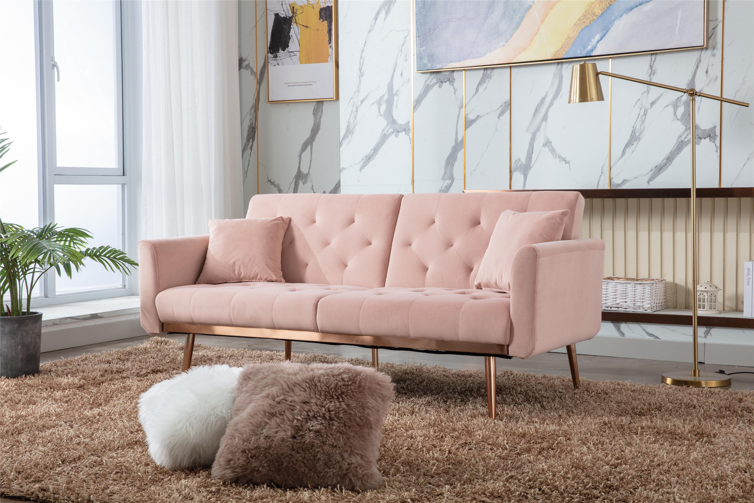 Giga Pink Velvet Loveseat Sofa With Rose Gold Metal Feet