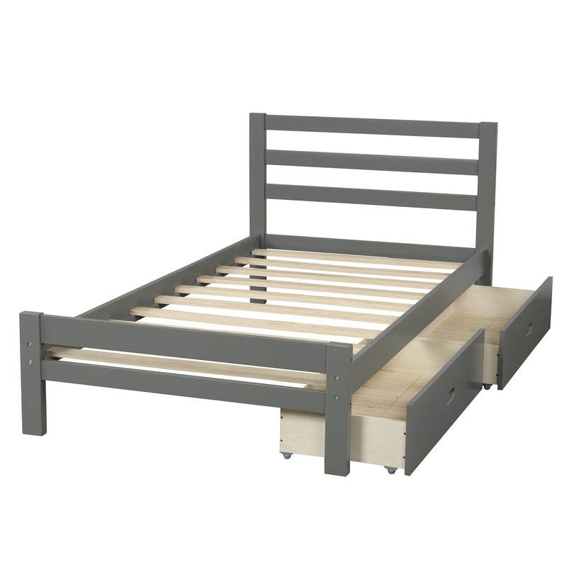 Wood platform twin bed with two drawers (gray)