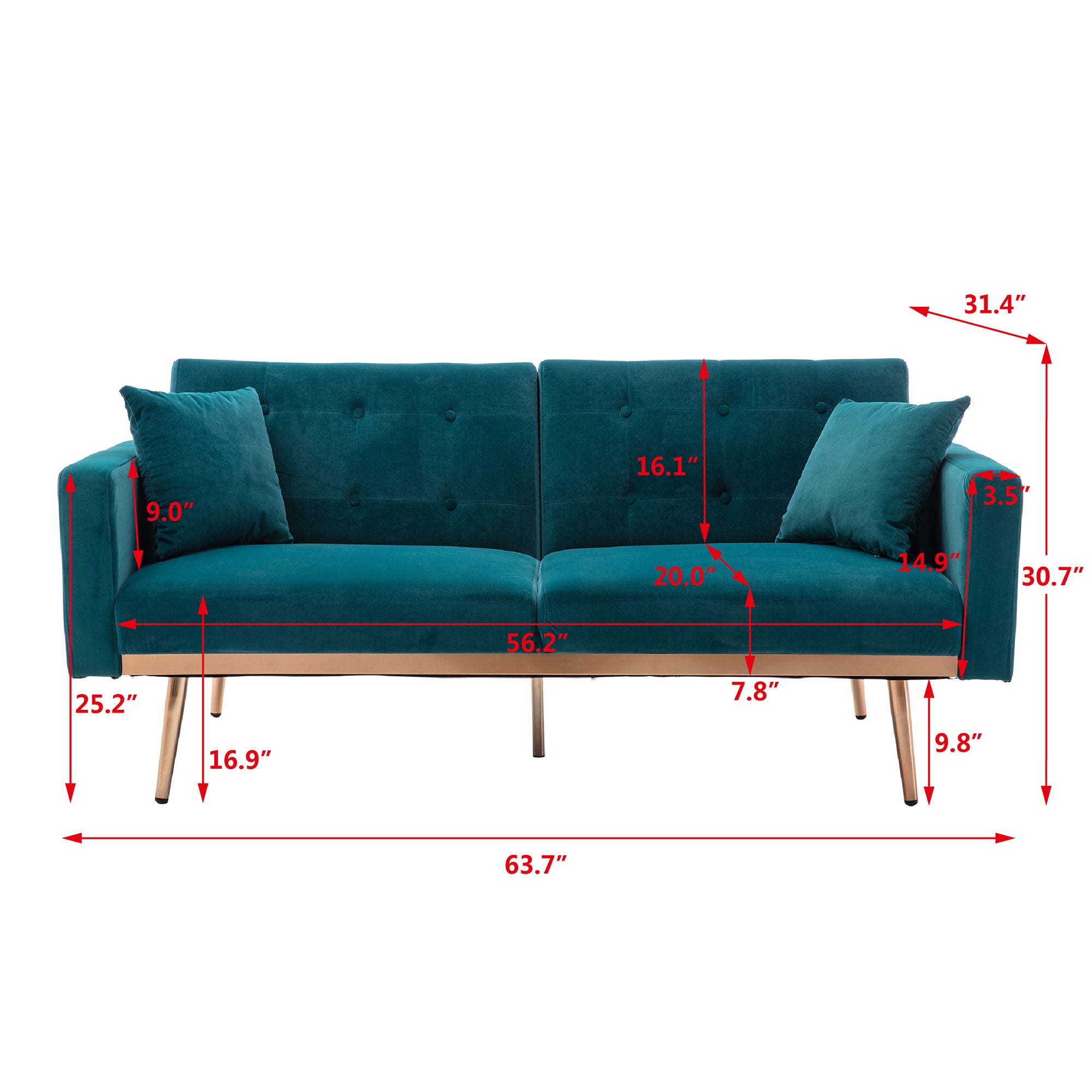 Teal  Velvet Loveseat Sofa With Rose Gold Metal Feet