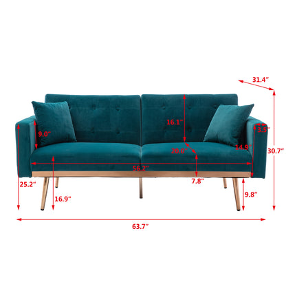 Teal  Velvet Loveseat Sofa With Rose Gold Metal Feet