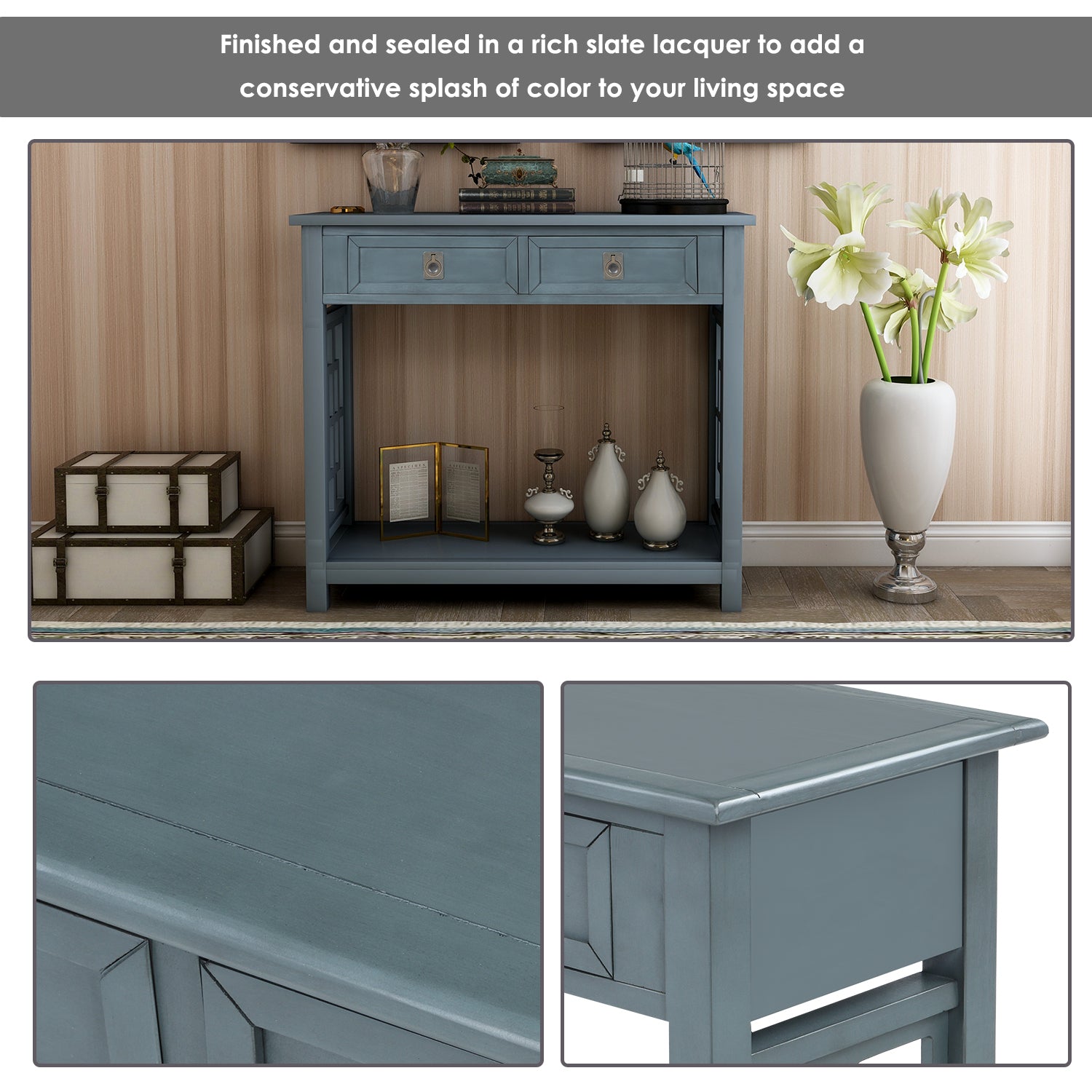 TREXM  Console Table with 2 Drawers and Bottom Shelf, Entryway Accent Sofa Table (Antique Navy)